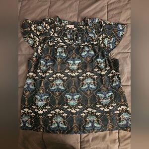 LOFT Teal & Black Floral Ruffle Neck Blouse